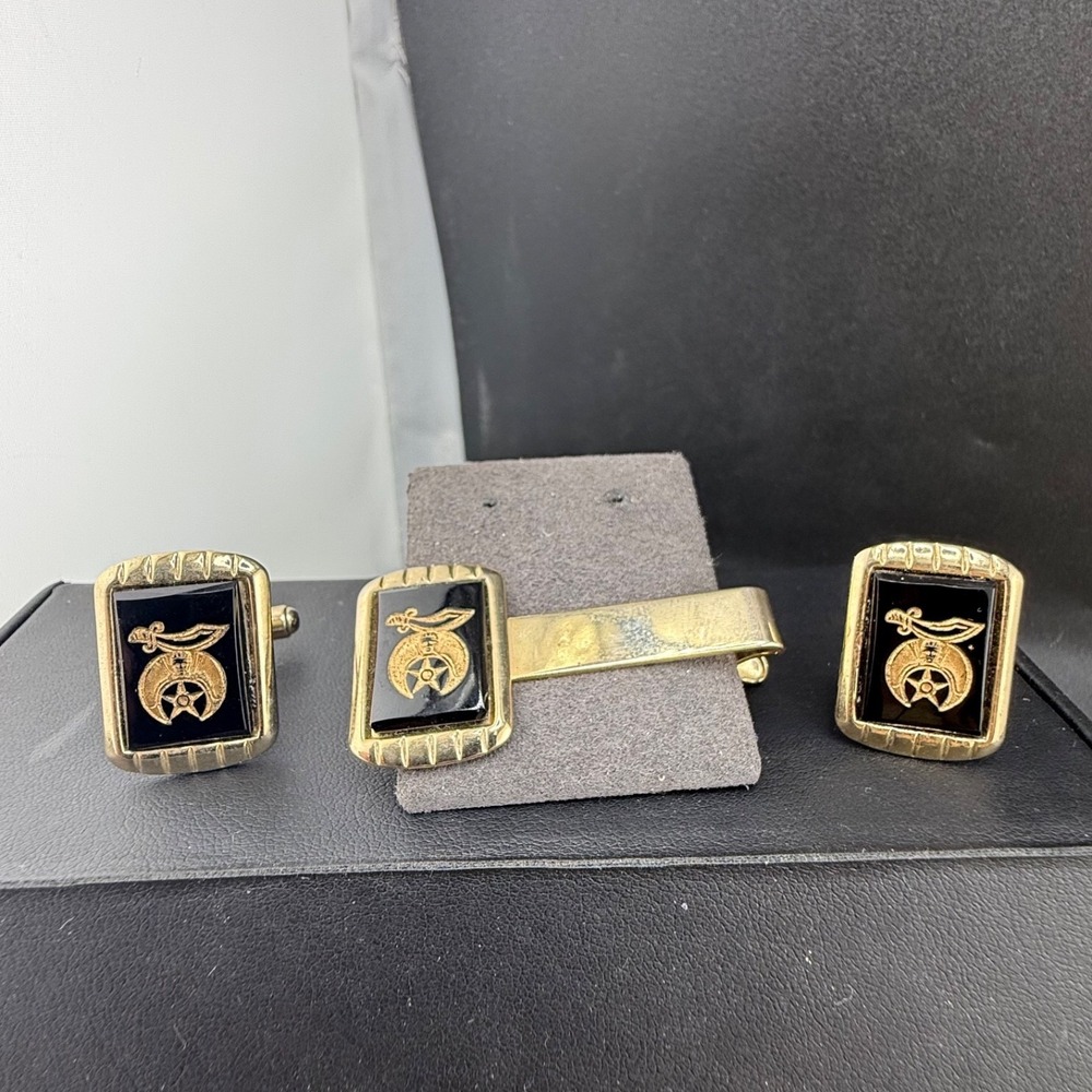 Vintage Estate Shriner Cufflinks Tie Clip Gold Tone Black Stone Masonic READ